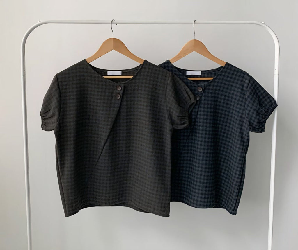 Checkered Wool Puff Sleeve Top