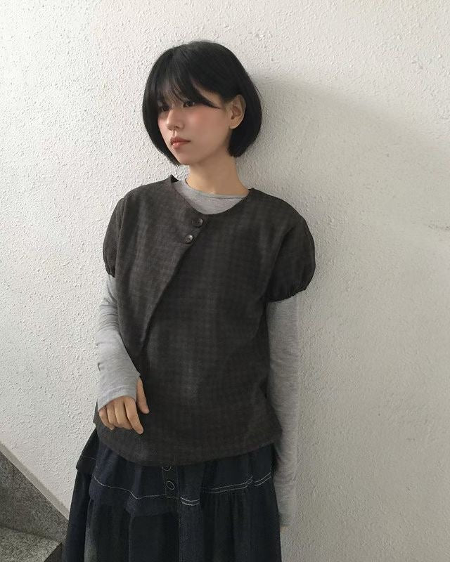 Checkered Wool Puff Sleeve Top