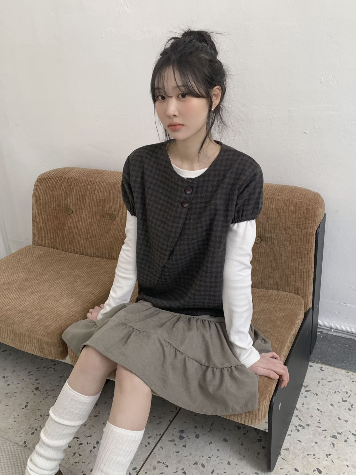 Checkered Wool Puff Sleeve Top