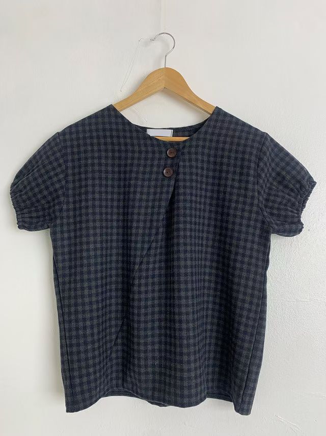 Checkered Wool Puff Sleeve Top