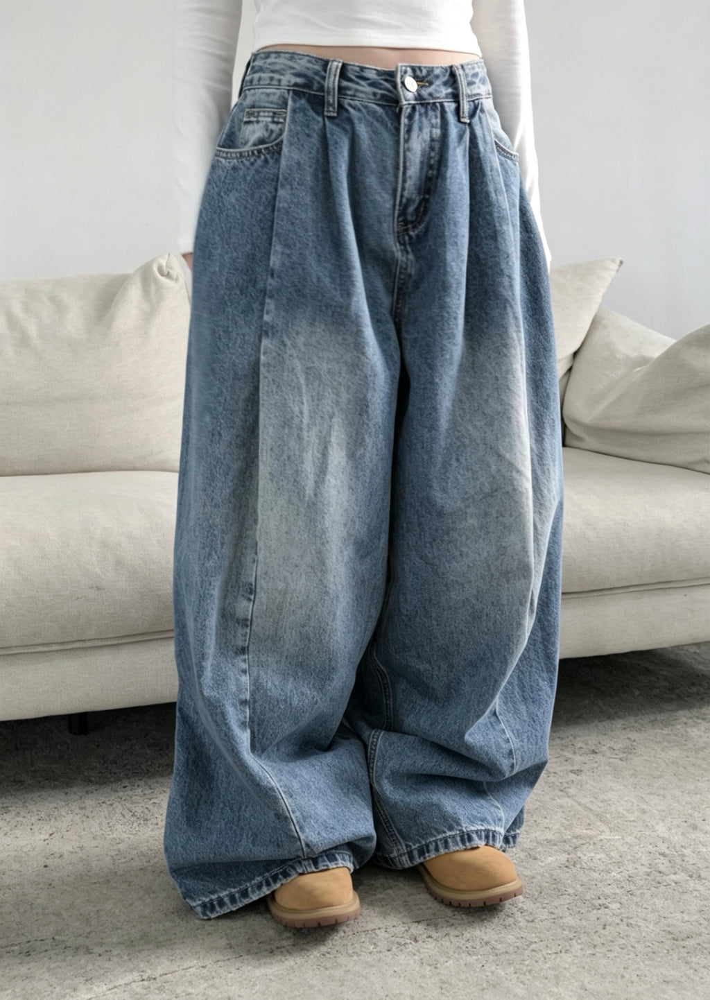 Wide Pintuck Denim Jeans