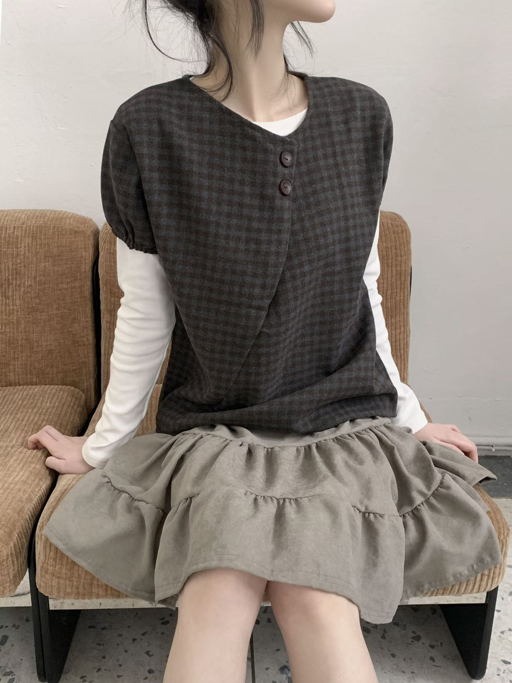 Checkered Wool Puff Sleeve Top