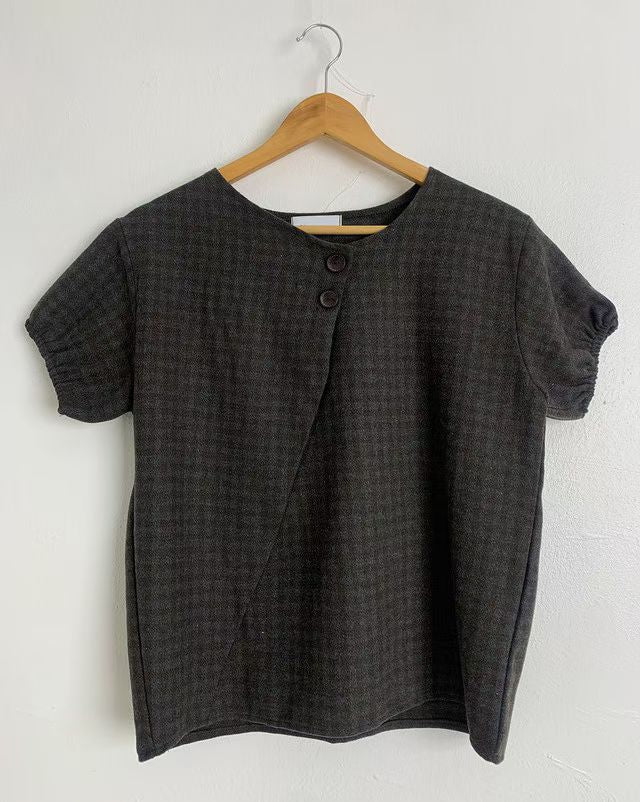 Checkered Wool Puff Sleeve Top